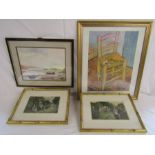 Framed Brian Hayes watercolour, 2 prints in gilded bamboo effect frames and Van Gogh pipe on chair