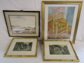 Framed Brian Hayes watercolour, 2 prints in gilded bamboo effect frames and Van Gogh pipe on chair