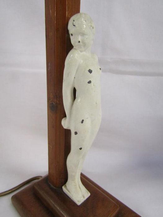Wooden 1930's table lamp with cast girl holding a ball, cast metal oil lamp with blue glass - Image 5 of 5
