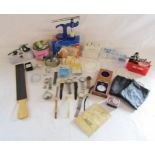 Collection of watches, parts, tools, includes watch back press set, eye glasses with light,