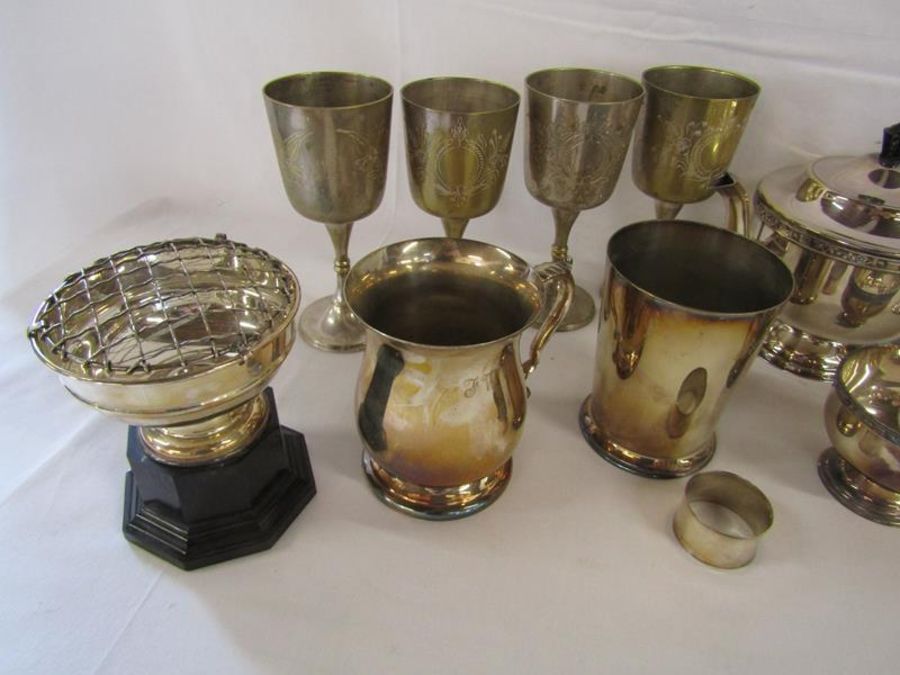 Collection of silver plate includes horn handled tankard, candlesticks, Murano style clowns (one - Image 2 of 7