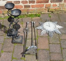 Art Deco Junghans electronic Ato-mat wall clock, fire irons & a pair of wrought iron candlesticks