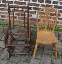 Child's American rocking chair frame (missing upholstery) & small pine wheel back chair
