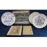 Framed booklet "The Mammoth Pies of Denby Dale", 3 commemorative plates & framed newspaper cutting