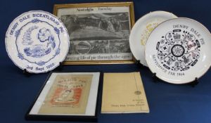 Framed booklet "The Mammoth Pies of Denby Dale", 3 commemorative plates & framed newspaper cutting