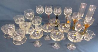 6 Babycham glasses, Firenze crystal champagne flutes, Britvic C, Bass, coloured stem glasses,
