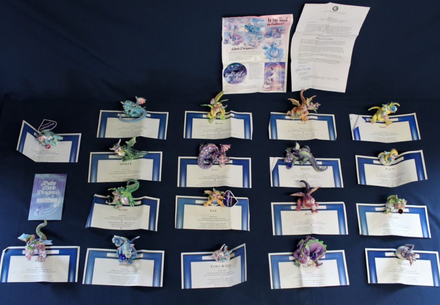 18 Franklin Mint 'Moody Dragon' figures - all with boxes and certificates - includes one with damage