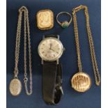 Silver locket on chain, Gents Oris wristwatch, cameo style brooch, 9ct gold & silver dress ring, 9ct