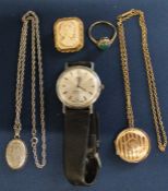 Silver locket on chain, Gents Oris wristwatch, cameo style brooch, 9ct gold & silver dress ring, 9ct