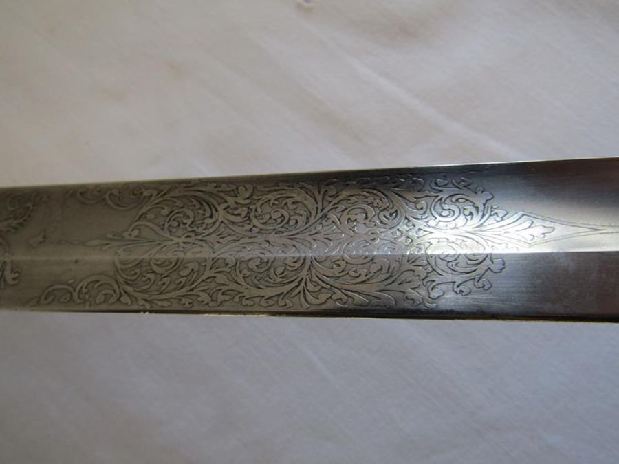 Turner Bros Bath North Somerset Yeomanry officers sword with patterned blade, sharkskin grip, proved - Image 10 of 17