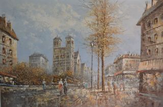 Large oil on canvas of a Parisian street scene signed M Ciero. 106cm by 76cm