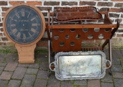 Drinks trolley, silver plate tray, inlaid tray & a replica tavern clock missing hands