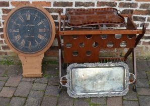 Drinks trolley, silver plate tray, inlaid tray & a replica tavern clock missing hands