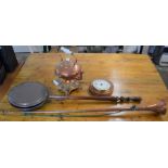 Copper kettle, coaching horn, bed warming pan & an aneroid barometer (cracked glass)