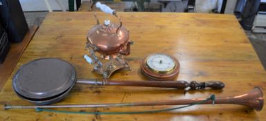 Copper kettle, coaching horn, bed warming pan & an aneroid barometer (cracked glass)