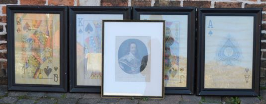 Four large framed prints of playing cards & a print of King Charles I