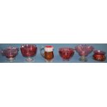 6 pieces of Cranberry glass including, vase, sundae glasses and a threaded Victorian Stevens and