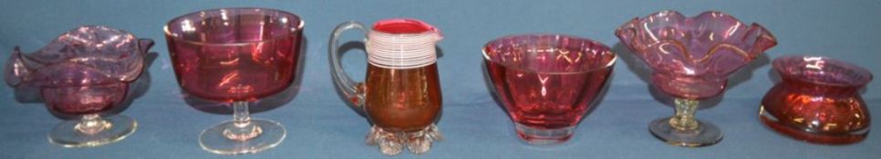 6 pieces of Cranberry glass including, vase, sundae glasses and a threaded Victorian Stevens and