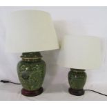 Pair of table lamps green base and cream shade