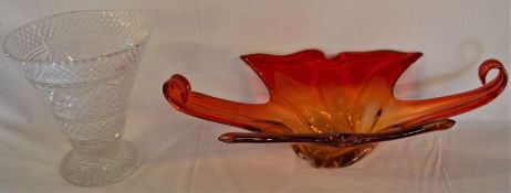 Large red glass splash bowl & a crystal vase