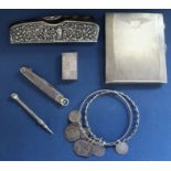 Silver cigarette case, pencil, pen knife & vesta case 6.45ozt, Continental white metal comb in