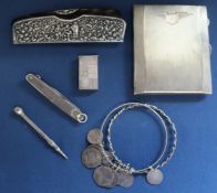 Silver cigarette case, pencil, pen knife & vesta case 6.45ozt, Continental white metal comb in
