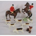 Beswick hunting scene with huntsman on brown horse, huntsman on rearing brown horse 868, 6 hounds (1