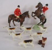 Beswick hunting scene with huntsman on brown horse, huntsman on rearing brown horse 868, 6 hounds (1
