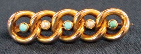 15ct gold bar brooch with seed pearl & turquoise detail 5.g