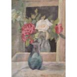 Oil on canvas impressionist still life of roses in a vase by C Charles. Frame size 53cm by 64cm