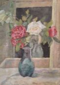 Oil on canvas impressionist still life of roses in a vase by C Charles. Frame size 53cm by 64cm