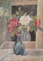 Oil on canvas impressionist still life of roses in a vase by C Charles. Frame size 53cm by 64cm