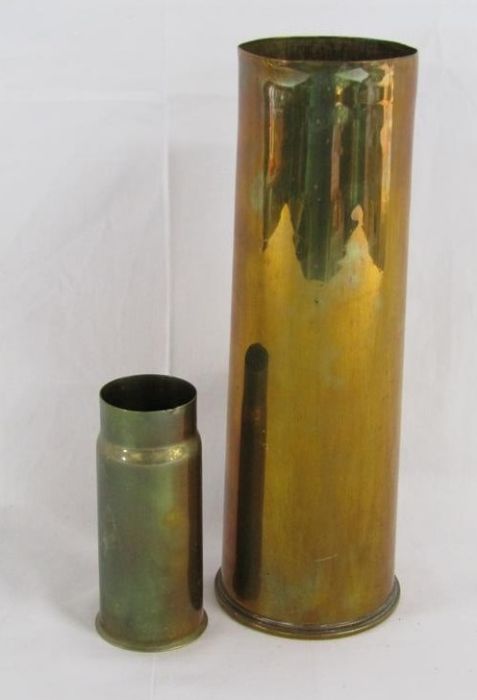 WWI 1915 C.F 18PR2 large brass shell approx. 29.5cm tall and Weiss Budapest 1908 brass shell