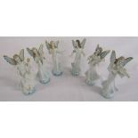 6 Dresden angel figurines, all playing musical instruments - marked to base with 3 point crown and