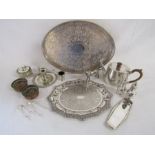 Collection of silver plate items includes trays, candle holder, teapot etc also a cast dog with