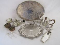 Collection of silver plate items includes trays, candle holder, teapot etc also a cast dog with