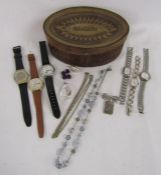 Leather box containing watches includes Swatch, Rotary, Limit and a silver Le monde also some