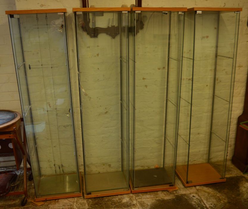4 glass display cabinets (3 with shelves) Ht 163cm 43cm by 37cm