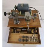 BTM watchmakers lathe B-Tab M co 1778 with Fracmo motor on an oak box with drawer containing collets