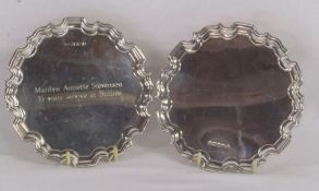 2 Carr's of Sheffield silver salvers, 2012 and 2010 - one engraved 'Marilyn Annette Stevenson 35