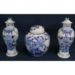 Chinese blue & white lidded ginger jar decorated with bird, insects & foliage and pair of Chinese