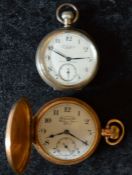 Gold plated full hunter Australian railway pocket watch & an open face Waltham silver case pocket