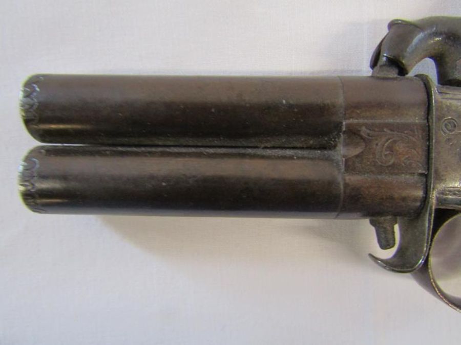 19th century percusion cap under over pistol - marks to barrel and grip with wood and brass handle - Image 12 of 13