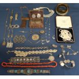 Selection of costume jewellery including silver nurses buckle, silver & marcasite jewellery, vintage