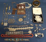 Selection of costume jewellery including silver nurses buckle, silver & marcasite jewellery, vintage