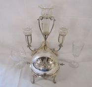 Silver plated epergne with cut glass flutes, Victorian revolving breakfast / muffin dish (no