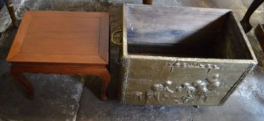 Small Oriental stool / table & a brass log basket