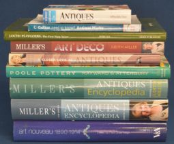 Collection of antiques collectors books, including Miller's Antique Encyclopaedia, Poole Pottery