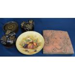 Terracotta lion head wall plaque, Aynsley Orchard Gold footed bowl & a Denby Arabesque part tea