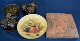 Terracotta lion head wall plaque, Aynsley Orchard Gold footed bowl & a Denby Arabesque part tea